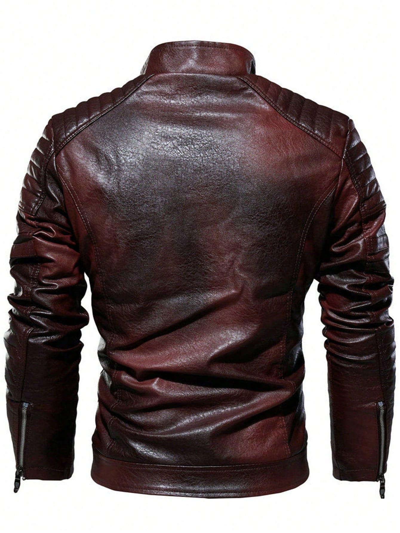 Men Letter Patched Zip Up PU Leather Jacket Burgundy