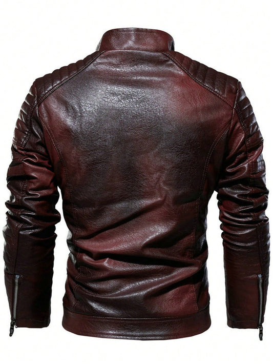Men Letter Patched Zip Up PU Leather Jacket Burgundy