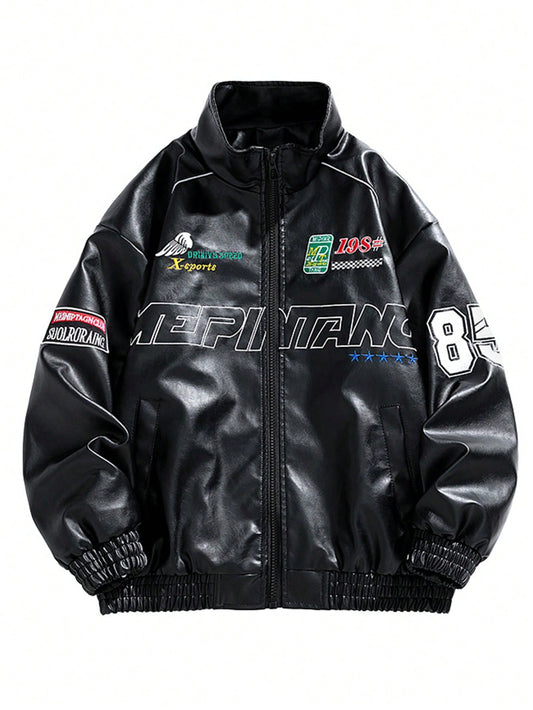 Men's PU Leather Embroidered Biker Jacket Black