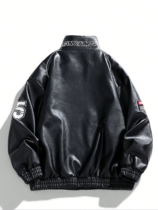 Men's PU Leather Embroidered Biker Jacket Black