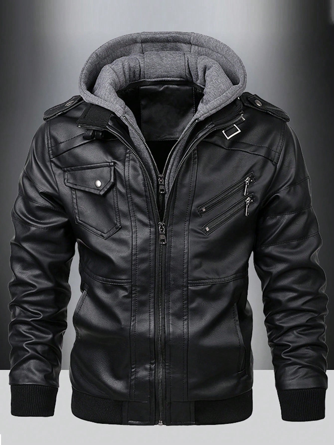 Men Zip Up Hooded PU Leather Jacket Black
