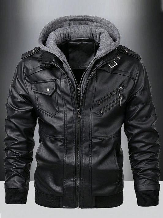 Men Zip Up Hooded PU Leather Jacket Black