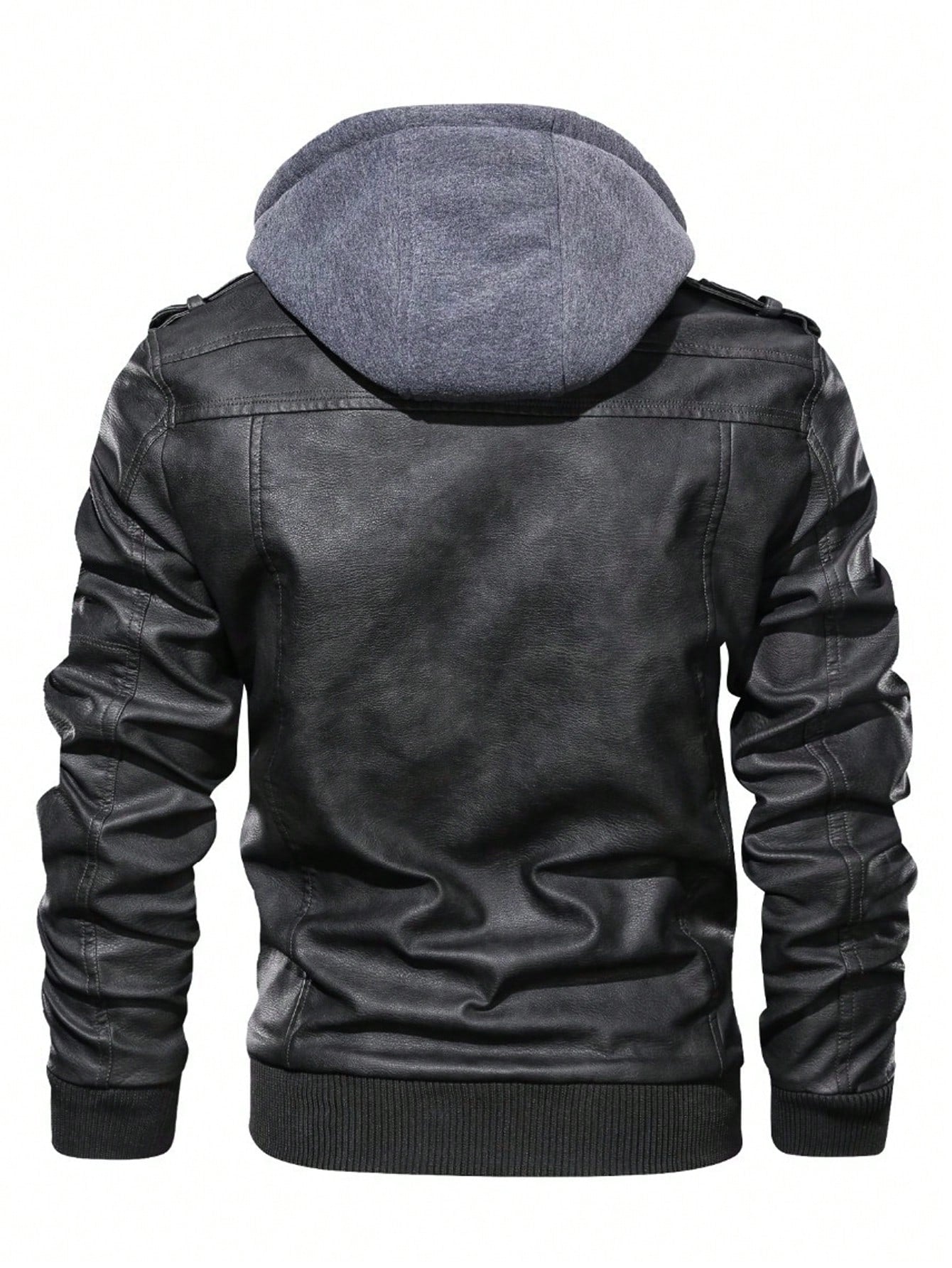 Men Zip Up Hooded PU Leather Jacket Black