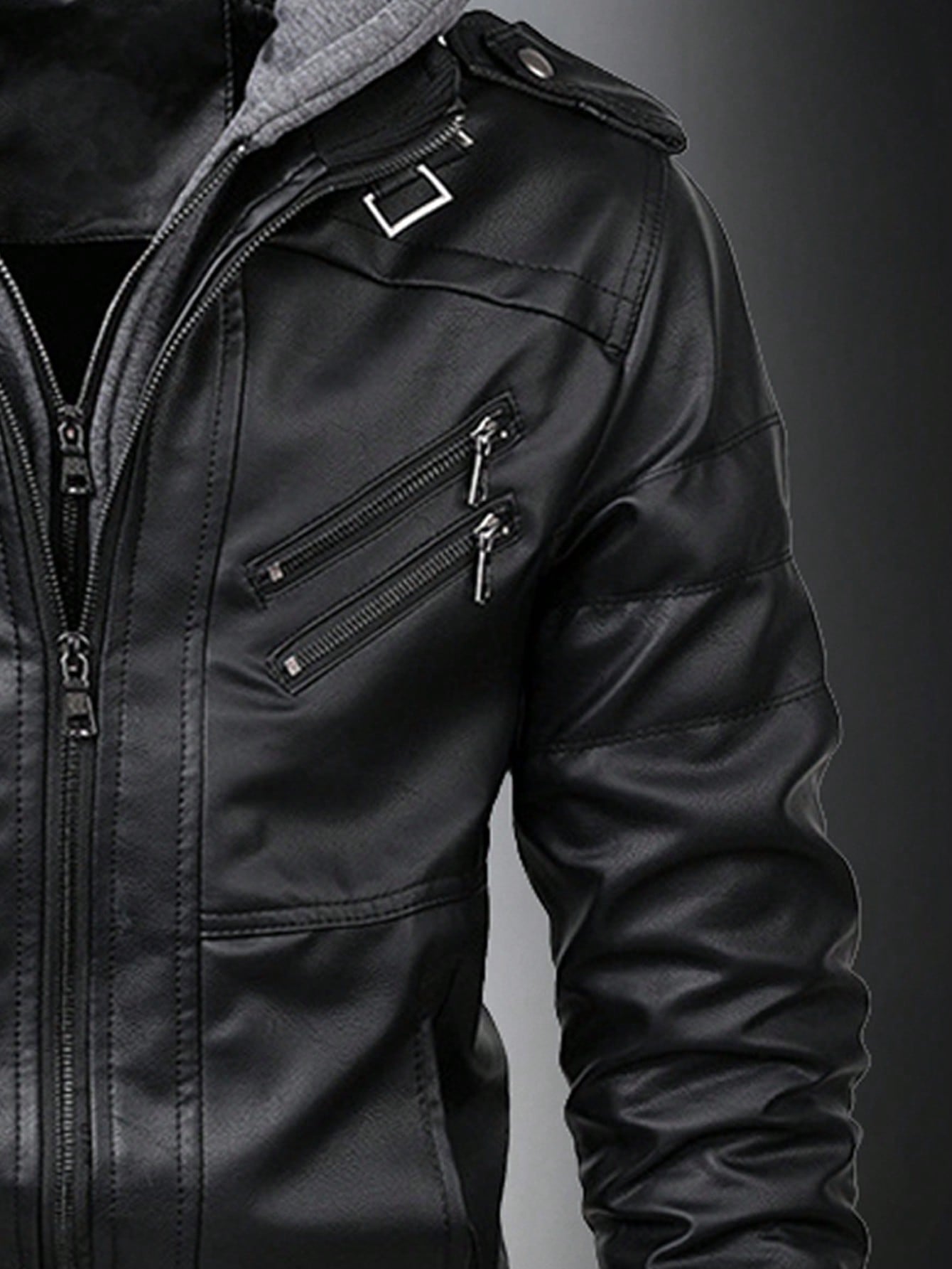 Men Zip Up Hooded PU Leather Jacket Black