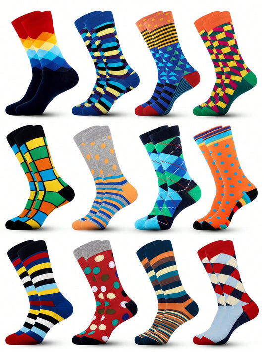 6 Pairs Random Men's Multicolored Mid-Calf Socks, Funny Fun Crazy Novelty Cool Socks For Daily Life, Gift For Men Multicolor