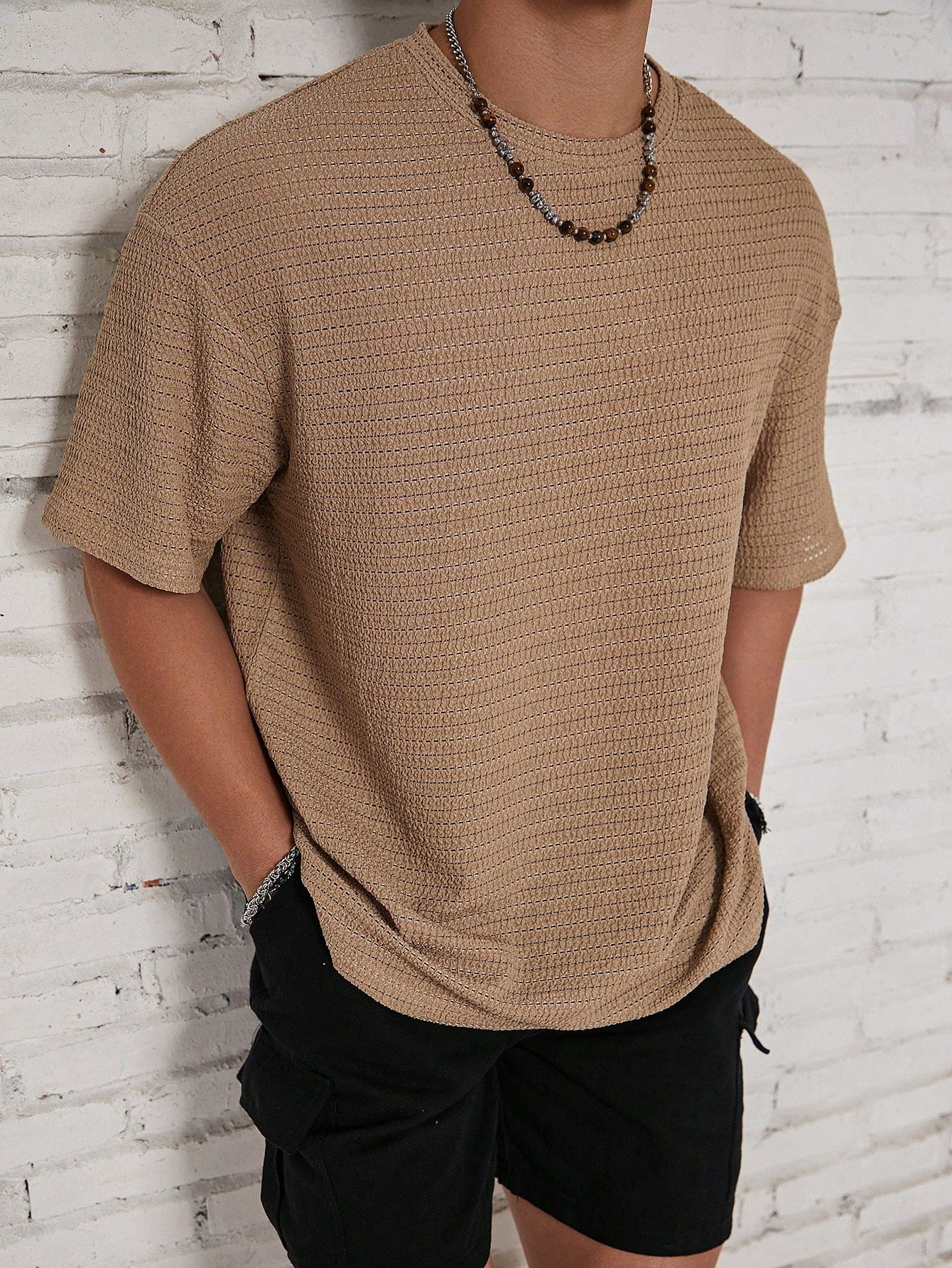 Manfinity RSRT Men Solid Color Beach Plain Textured Short Sleeve T-Shirt, Boyfriend Gift, For Going Out Multicolor