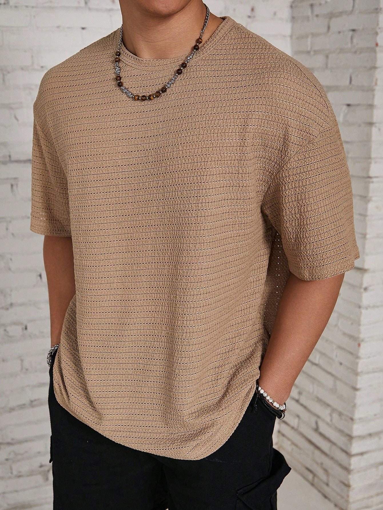 Manfinity RSRT Men Solid Color Beach Plain Textured Short Sleeve T-Shirt, Boyfriend Gift, For Going Out Multicolor