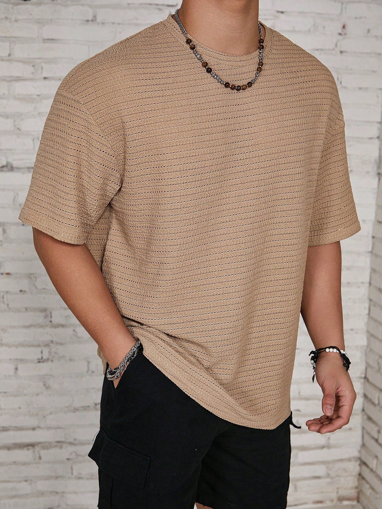 Manfinity RSRT Men Solid Color Beach Plain Textured Short Sleeve T-Shirt, Boyfriend Gift, For Going Out Multicolor