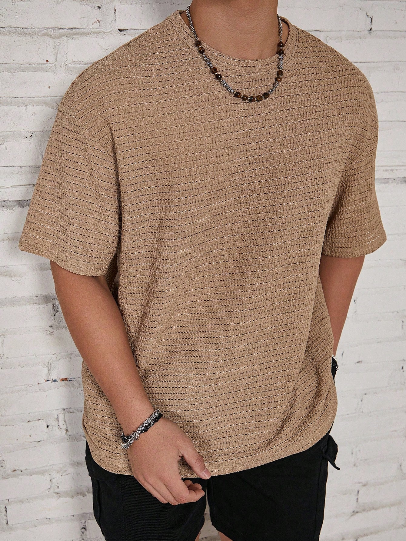 Manfinity RSRT Men Solid Color Beach Plain Textured Short Sleeve T-Shirt, Boyfriend Gift, For Going Out Multicolor