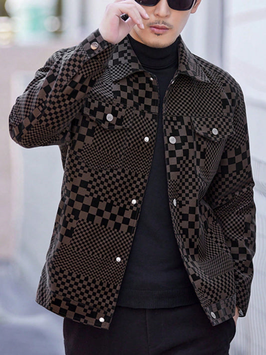 Men's Turn-Down Collar Checkerboard PU Leather Jacket, Business Style Coffee Brown