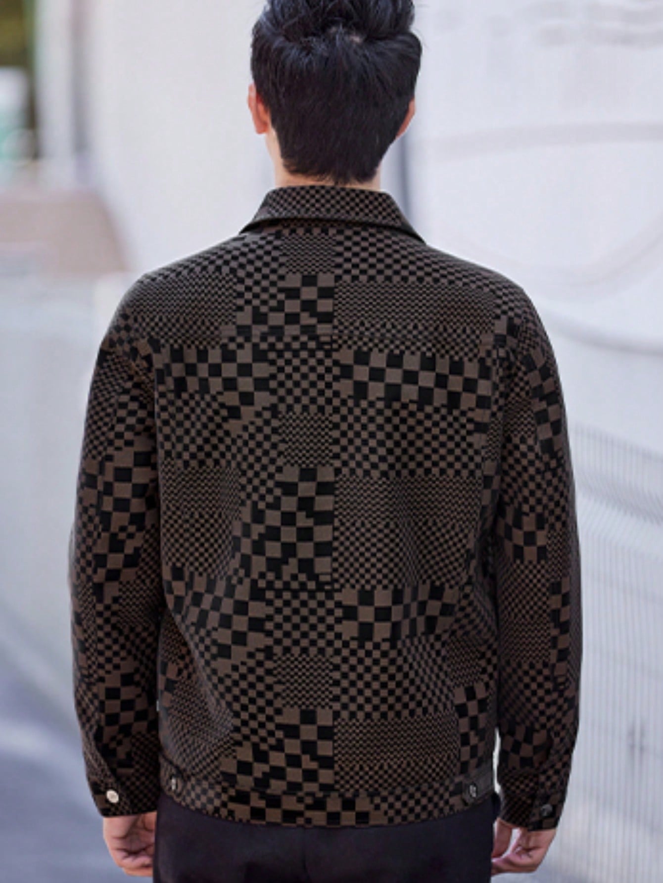 Men's Turn-Down Collar Checkerboard PU Leather Jacket, Business Style Coffee Brown
