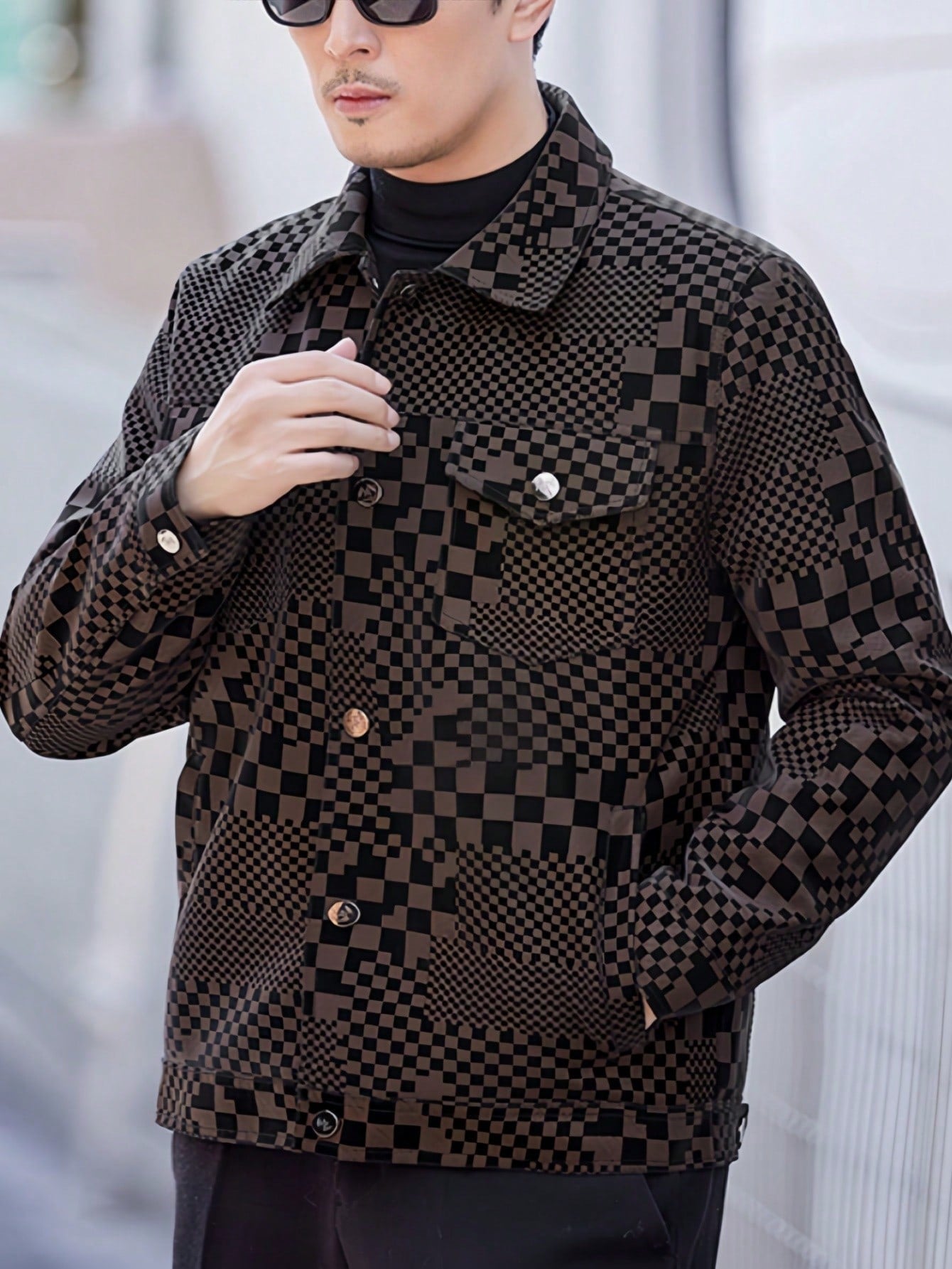 Men's Turn-Down Collar Checkerboard PU Leather Jacket, Business Style Coffee Brown