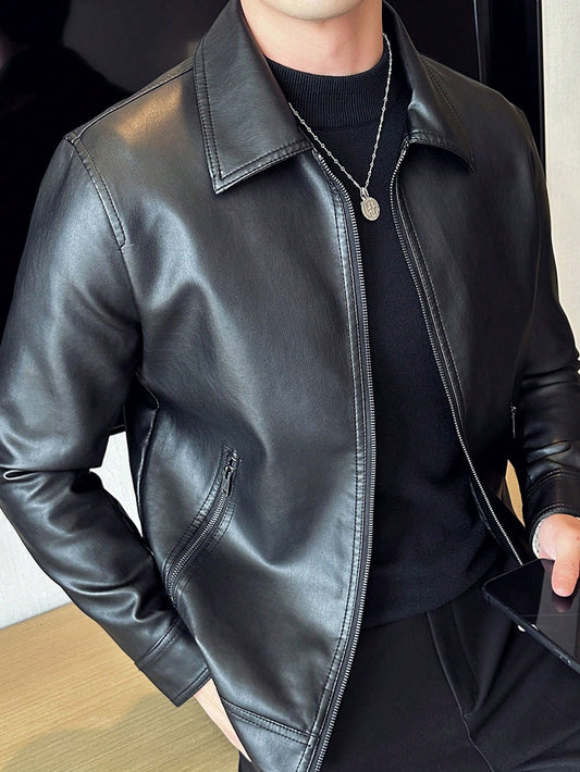 Men's Fashionable Pu Leather Jacket, Spring & Autumn Motorcycle Coat For Outdoor Activities Black