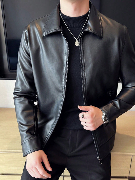 Men's Fashionable Pu Leather Jacket, Spring & Autumn Motorcycle Coat For Outdoor Activities Black
