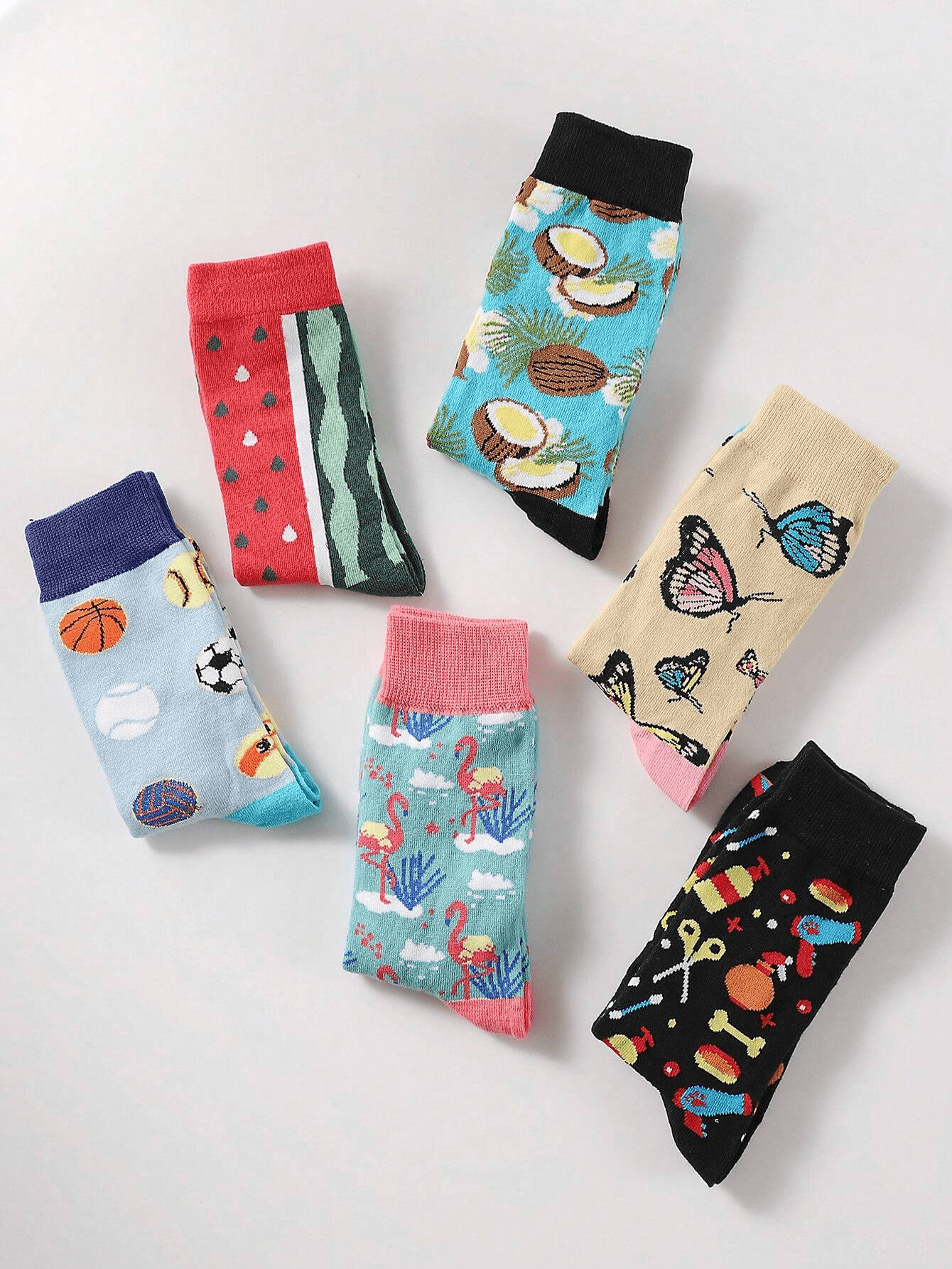 10pairs/Set Men's Mid-Calf Socks In Random Design With Basketball & Butterfly Printed, Soft, Comfortable, Anti-Odor & Moisture Absorbing Multicolor