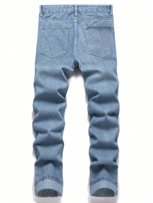 Men Ripped Straight Leg Jeans Light Wash