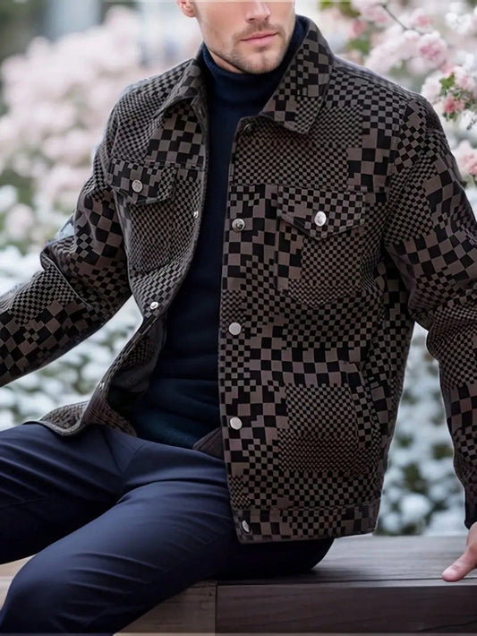Men's Turn-Down Collar Checkerboard PU Leather Jacket, Business Style Coffee Brown