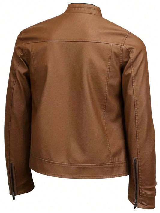 Boyfriend Style Men's Solid Color Motorcycle Style Outdoor Sports Leather Jacket Spring Tops Yellow