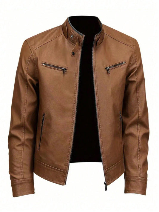 Boyfriend Style Men's Solid Color Motorcycle Style Outdoor Sports Leather Jacket Spring Tops Yellow