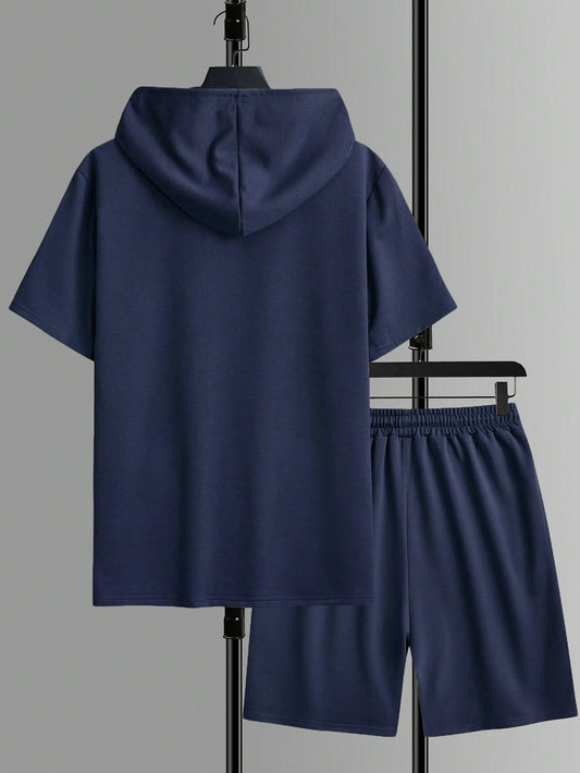 Manfinity Homme Men Summer Daily Wear Plain Hoodie And Shorts Set Navy Blue