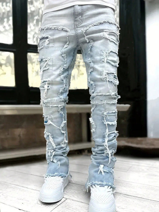 Men Ripped Frayed Skinny Jeans Light Wash