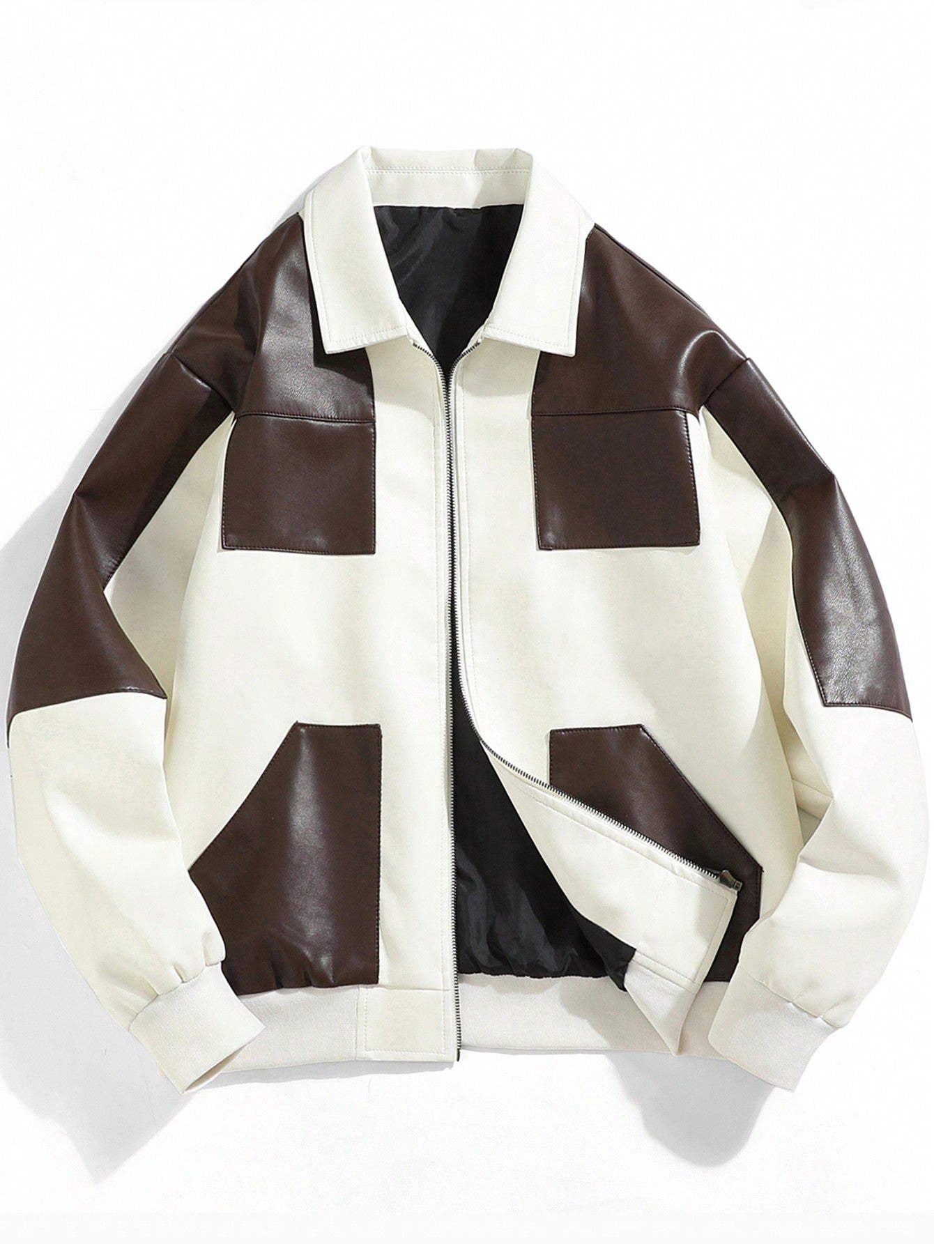 Men's Simple Contrast Color Casual Faux Leather Jacket White