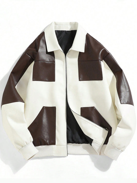 Men's Simple Contrast Color Casual Faux Leather Jacket White