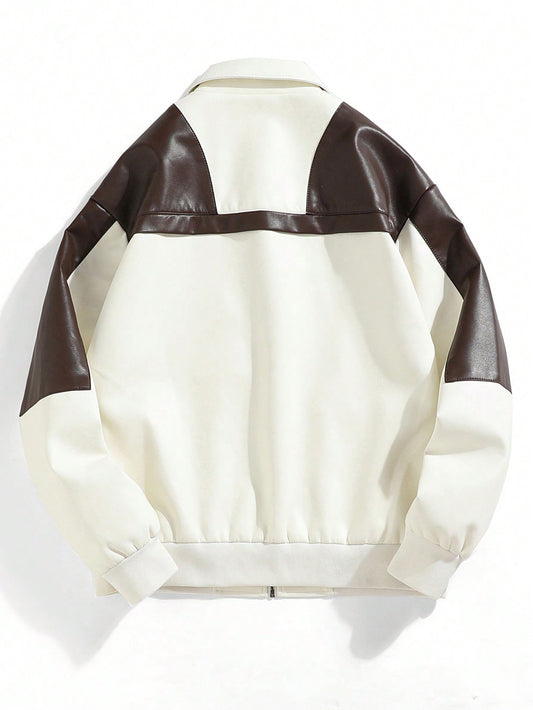 Men's Simple Contrast Color Casual Faux Leather Jacket White