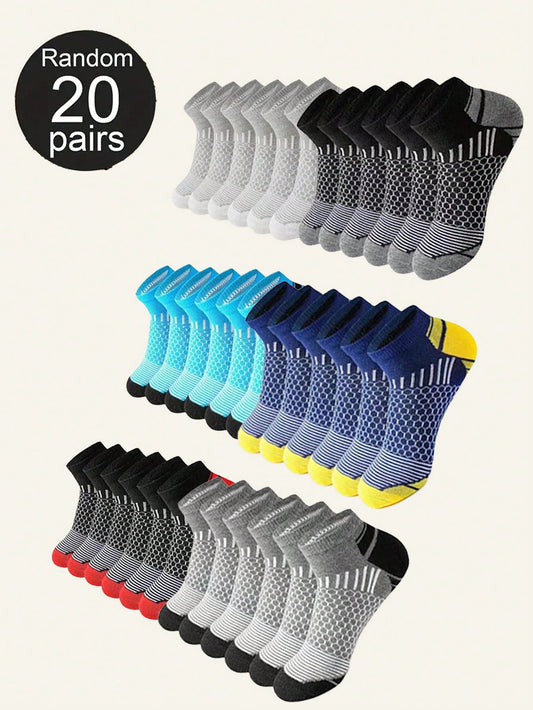 Random 10/20/40 Pairs Men's Ankle Socks, Colorblock Polygon Design, Breathable Sports Running Basketball Socks For Men, Daily Wear, For Gym Multicolor
