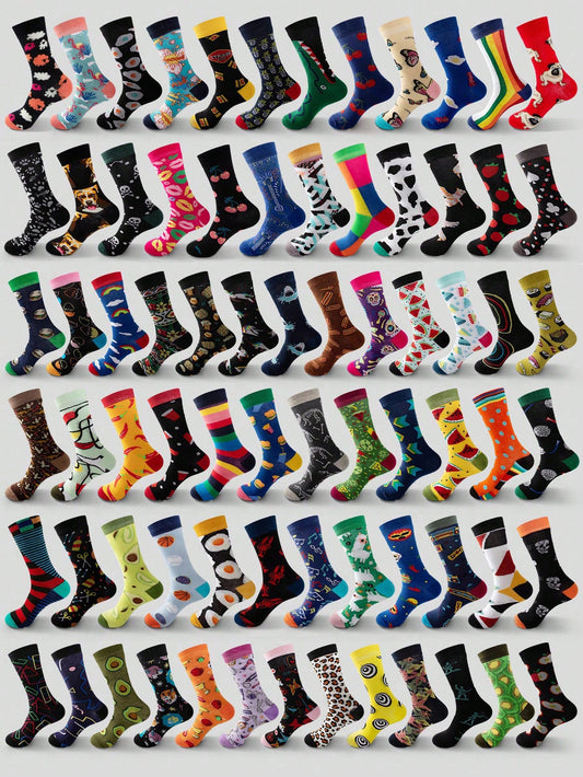 10pairs/Set Men's Mid-Calf Socks In Random Design With Basketball & Butterfly Printed, Soft, Comfortable, Anti-Odor & Moisture Absorbing Multicolor