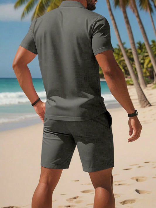 Manfinity Dauomo Men Solid Polo Shirt & Drawstring Waist Shorts Dark Grey