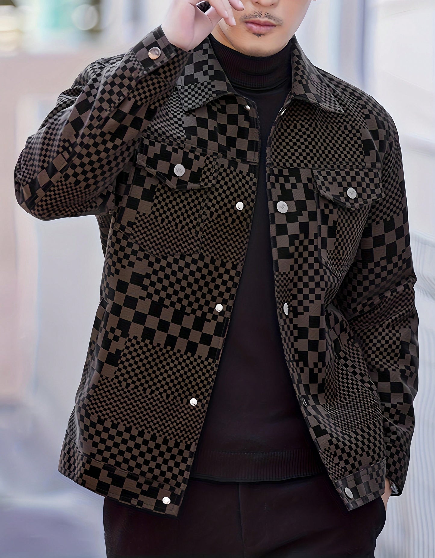 Men's Turn-Down Collar Checkerboard PU Leather Jacket, Business Style Coffee Brown