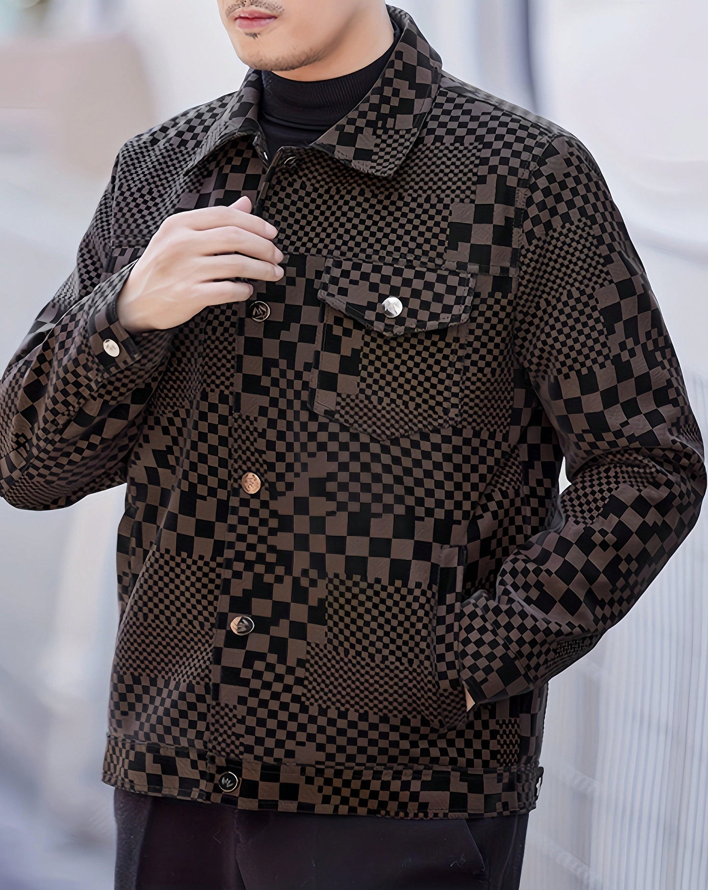 Men's Turn-Down Collar Checkerboard PU Leather Jacket, Business Style Coffee Brown
