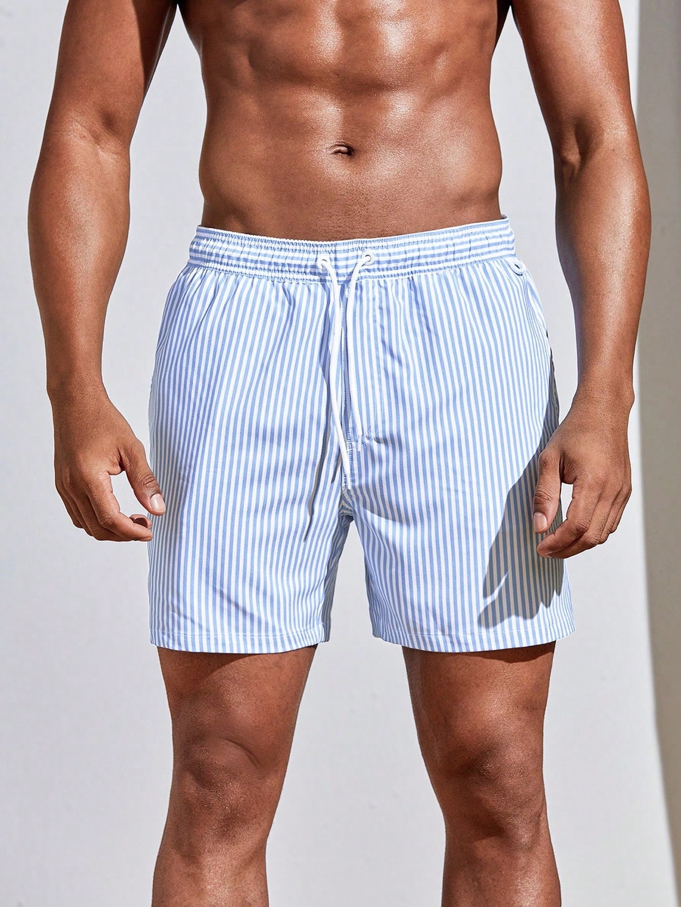 Manfinity Swimmode Men Vertical Striped Drawstring Waist Swim Trunks Blue and White