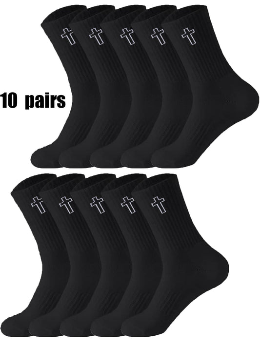 10pairs Men Crew Socks, Simple Casual Sports Moisture Wicking Odor Resistant Cross Design Suitable For Daily Wear Black