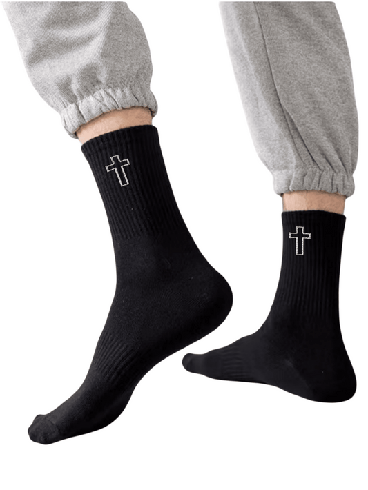 10pairs Men Crew Socks, Simple Casual Sports Moisture Wicking Odor Resistant Cross Design Suitable For Daily Wear Black