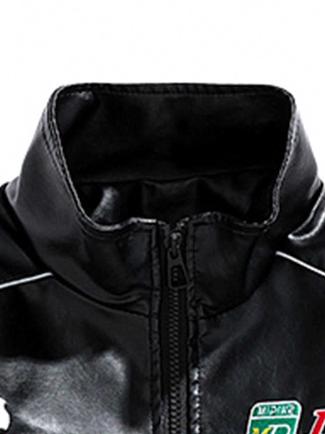 Men's PU Leather Embroidered Biker Jacket Black