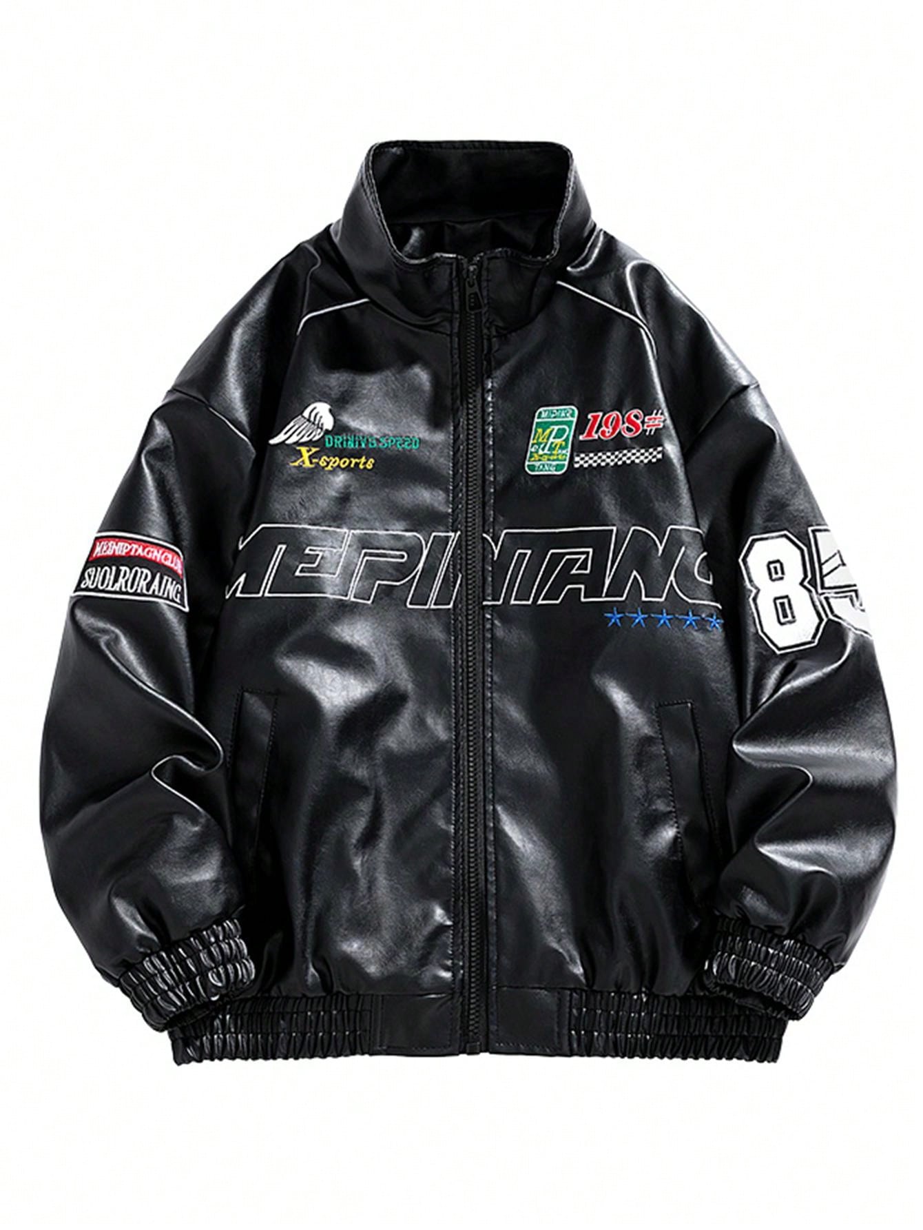 Men's PU Leather Embroidered Biker Jacket Black