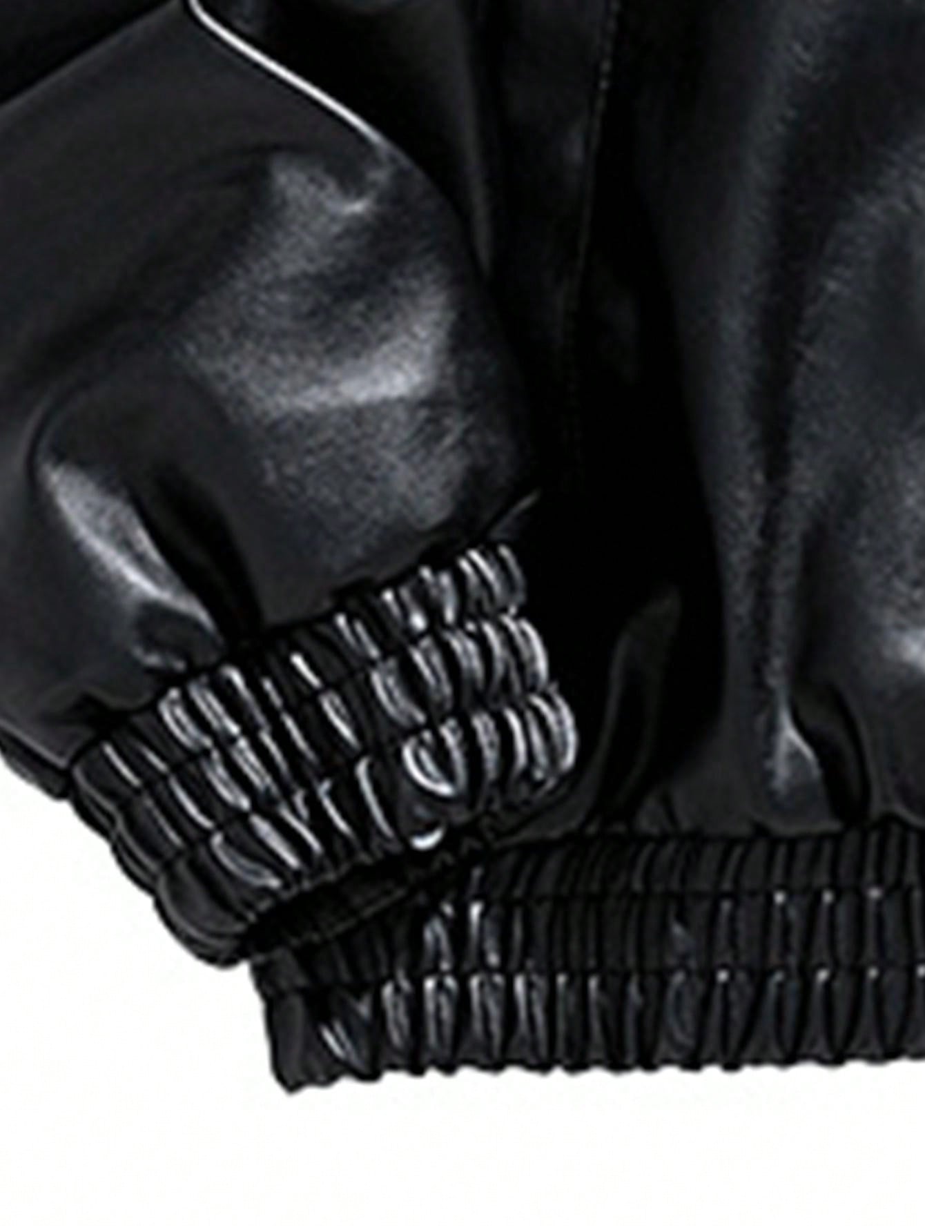 Men's PU Leather Embroidered Biker Jacket Black