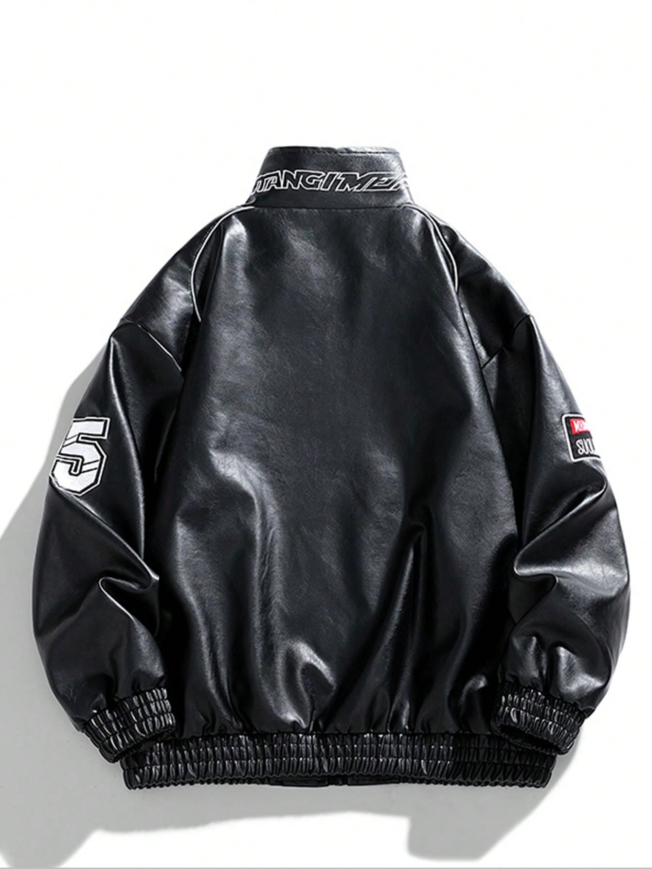 Men's PU Leather Embroidered Biker Jacket Black