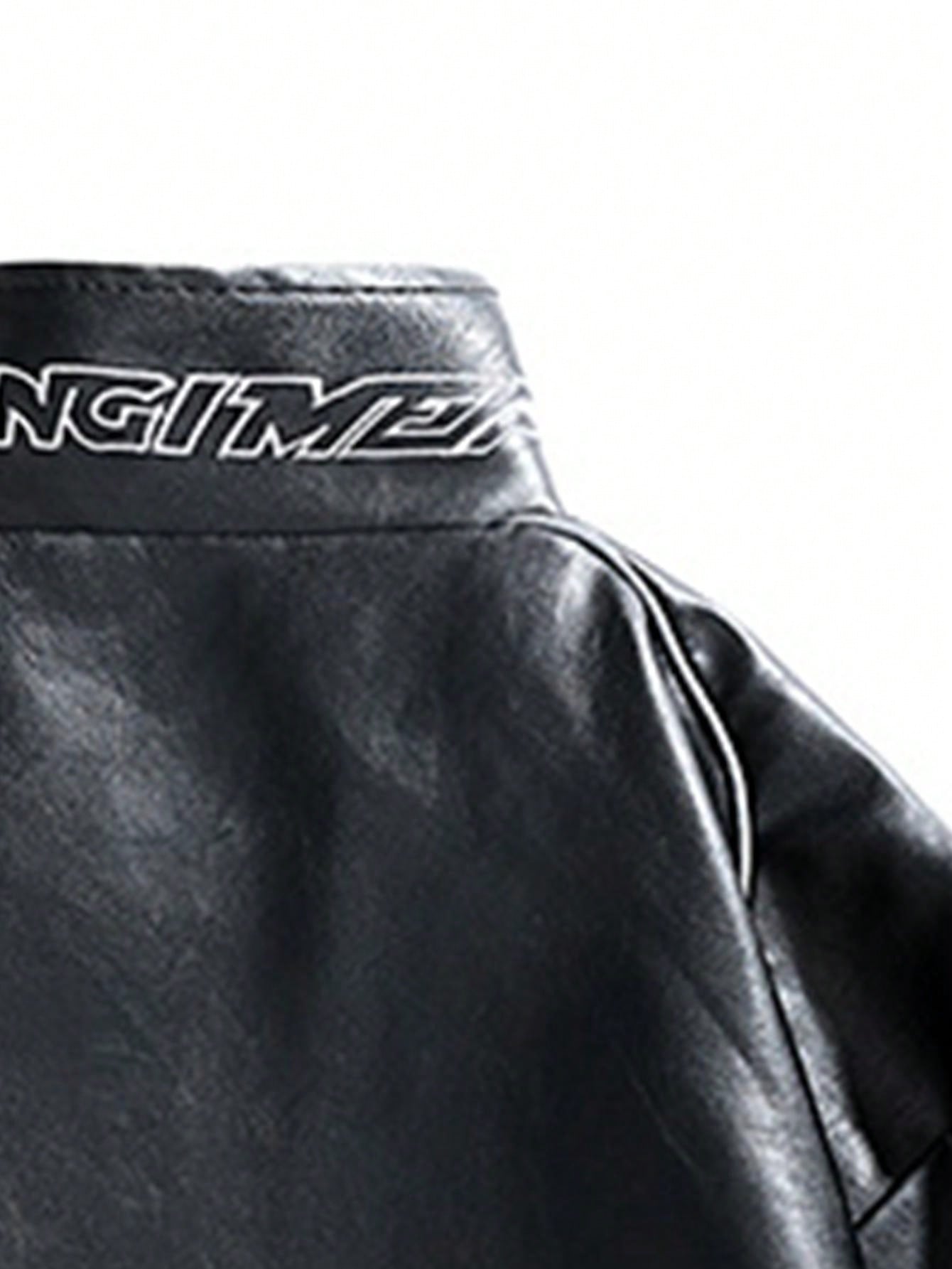 Men's PU Leather Embroidered Biker Jacket Black