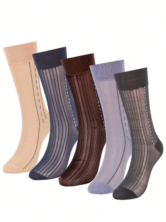 5 Pack Mens Ultrathin Breathable Silk Sheer Dress Socks Soft Mid Calf Work Trouser Socks 5 Colors