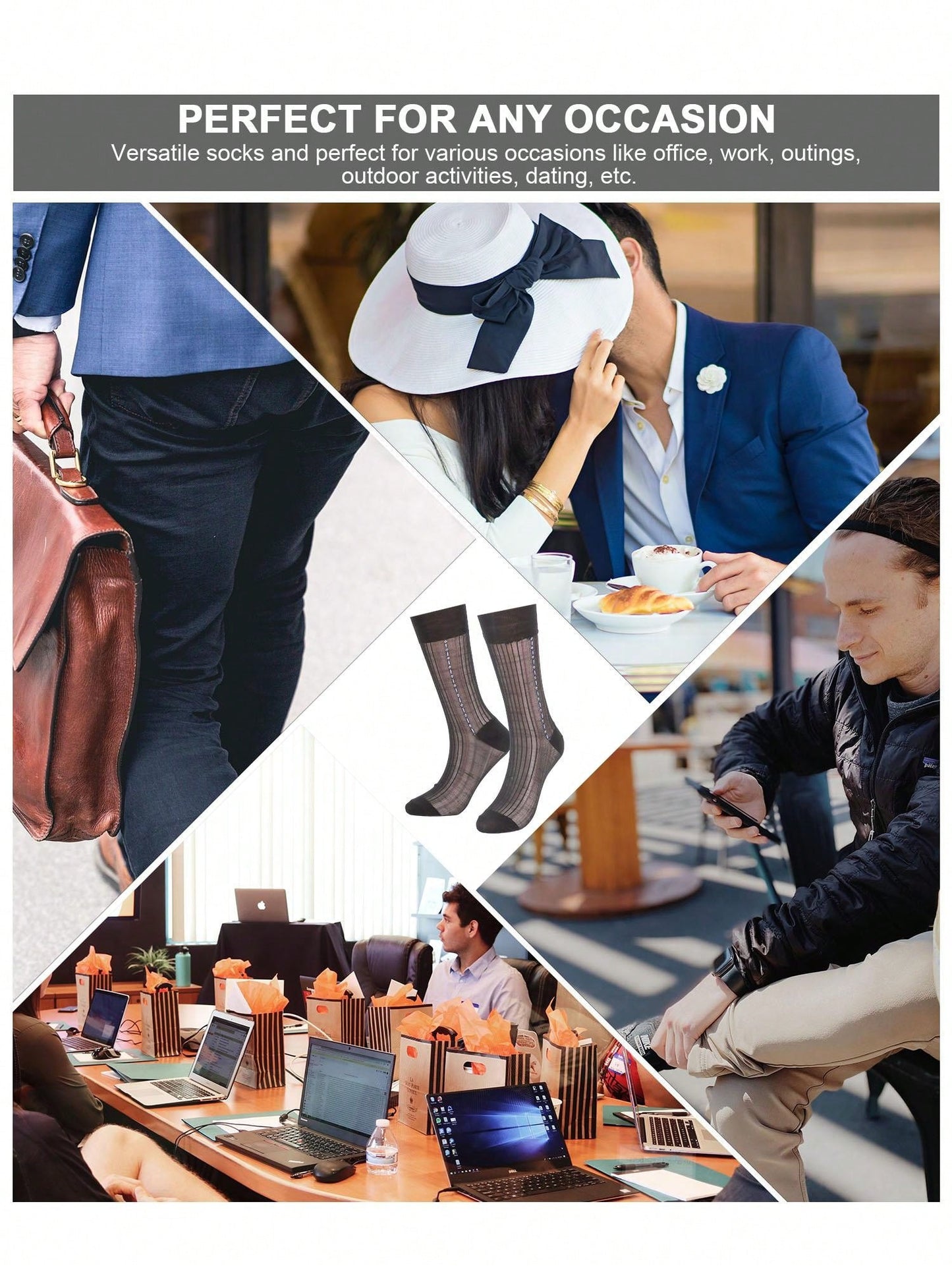 5 Pack Mens Ultrathin Breathable Silk Sheer Dress Socks Soft Mid Calf Work Trouser Socks 5 Colors