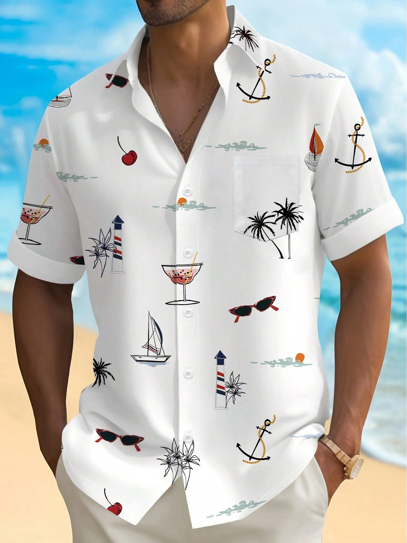 Manfinity RSRT Men's Button Up Floral & Palm Tree Print Graphic Short Sleeve Fashionable Casual Collar Shirt For Holiday, Vacation Multicolor