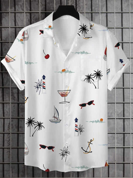 Manfinity RSRT Men's Button Up Floral & Palm Tree Print Graphic Short Sleeve Fashionable Casual Collar Shirt For Holiday, Vacation Multicolor