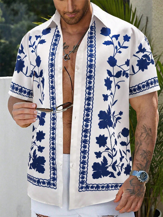 Manfinity RSRT Men Casual Floral Graphic Colorful Print Short Sleeve Shirt Without Tee, For Boyfriend Gift Blue and White