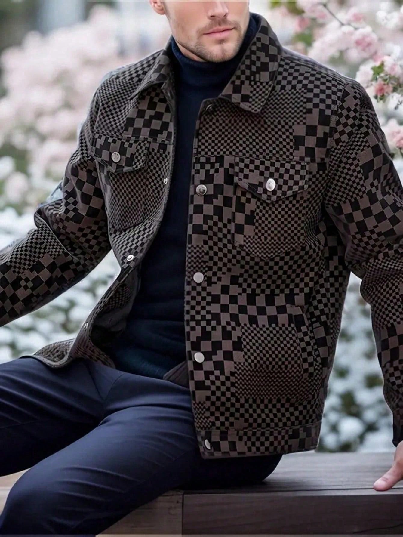 Men's Turn-Down Collar Checkerboard PU Leather Jacket, Business Style Coffee Brown