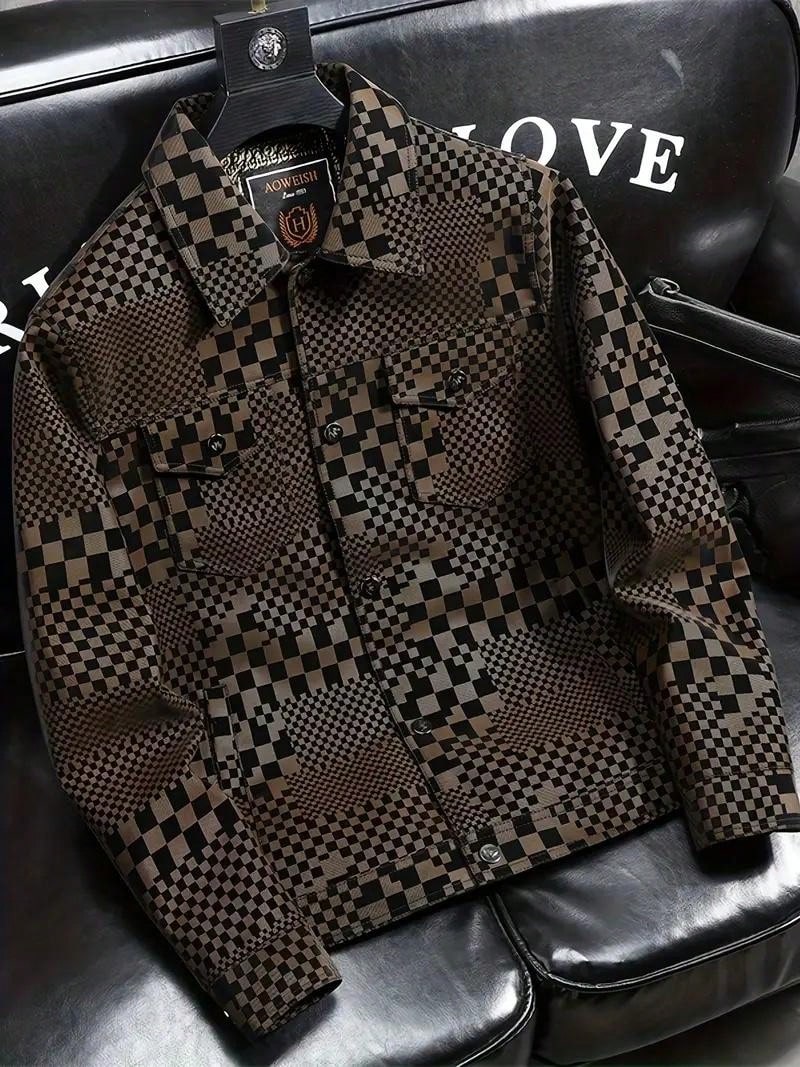 Men's Turn-Down Collar Checkerboard PU Leather Jacket, Business Style Coffee Brown