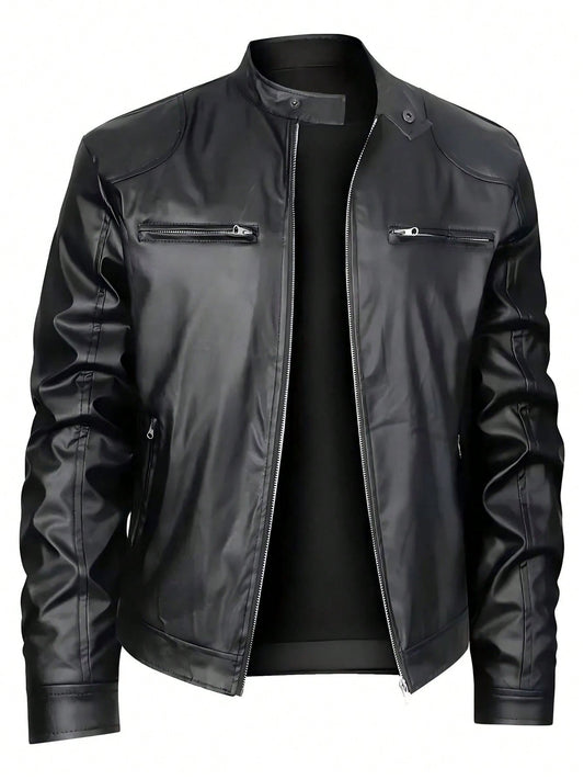 Men's Stand Collar Fitted Faux Leather Jacket With Zipper Pockets, Motorcycle Style Black