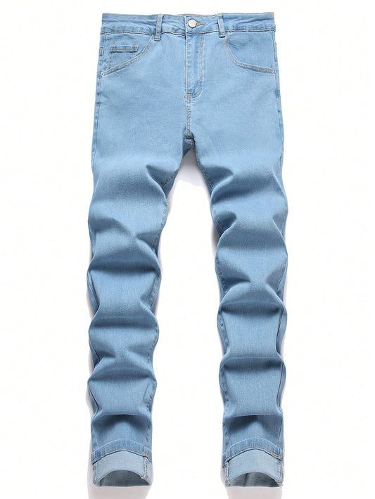 Manfinity Homme Men's Simple Front Button Multi-Pocket Casual Denim Jeans Light Wash